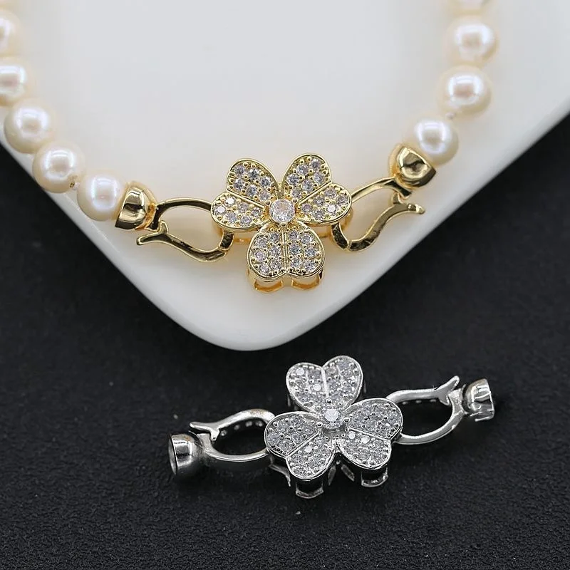 

1-Piece Gold-Plated Copper Zirconia Three-Petaled Flower Pearl Necklace Clasp DIY Jewelry Making Materials Accessories Wholesale