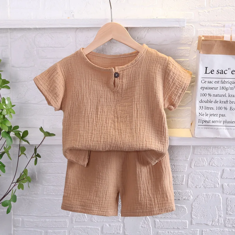 2024 Summer New Boys Solid Color Cotton and Hemp Short Sleeve Set Fashion Clothing Kids Fashion Two Piece Set Boutique Clothing