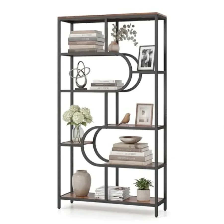 Geometric bookshelf for living room and home office, metal and wood, black + rustic brown, freestanding with 8 open shelves, in
