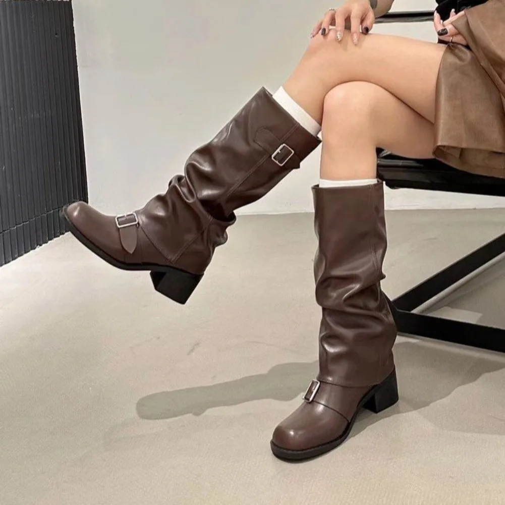 2026 Woman Boots Knee High Platform Chunky Heels Trend Punk Gothic New Rock Leather Fashion Women's Shoes Motorcycle Footwear