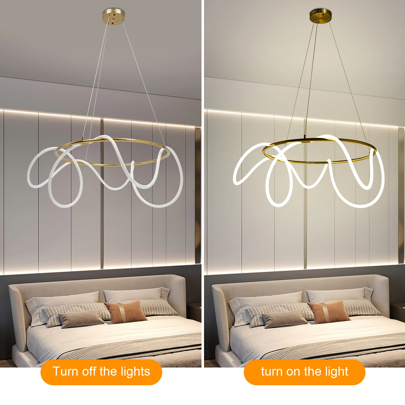 

Modern LED Pendant Light 80cm Gold, Adjustable Height Chandelier 120W 10000LM for Living Room Dining Room