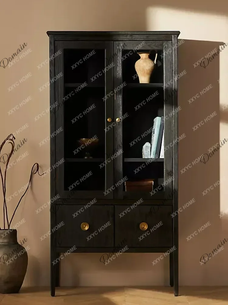 light luxury solid wood bookcase floor-to-ceiling high-grade black storage decorative cabinet