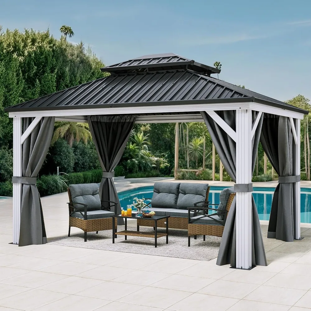 

White Gazebo 10x12ft Hardtop Double Roof Canopy Galvanized Iron Aluminum Frame Outdoor Gazebo with Netting and Shaded Curtains