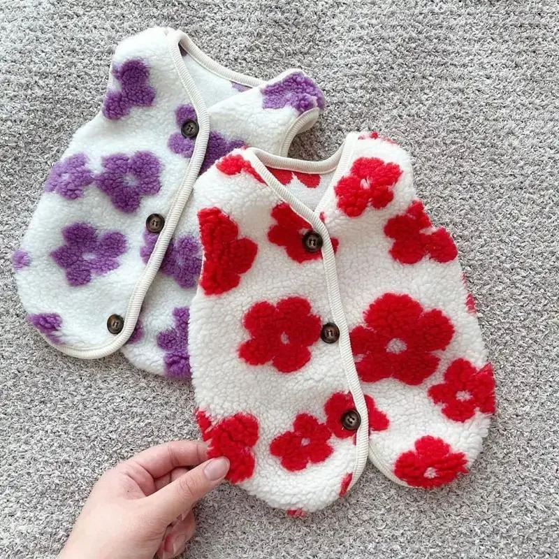 Pet Lamb Fleece Flower Vest, Teddy Bears, Cat, Schnauzer, Small, Puppy, Dog, Warm, Thick Clothes, Dog Costume, Fall, Winter