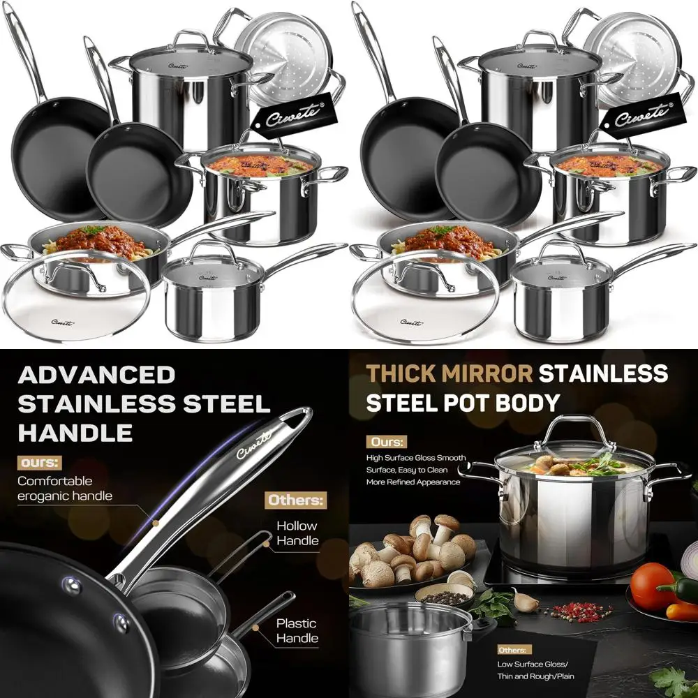 

Набор посуды из 11 предметов из нержавеющей стали с антипригарным покрытием, трёхслойный (18/10), совместимый с индукционными плитами, с пароваркой и охлаждающими ручками, Di