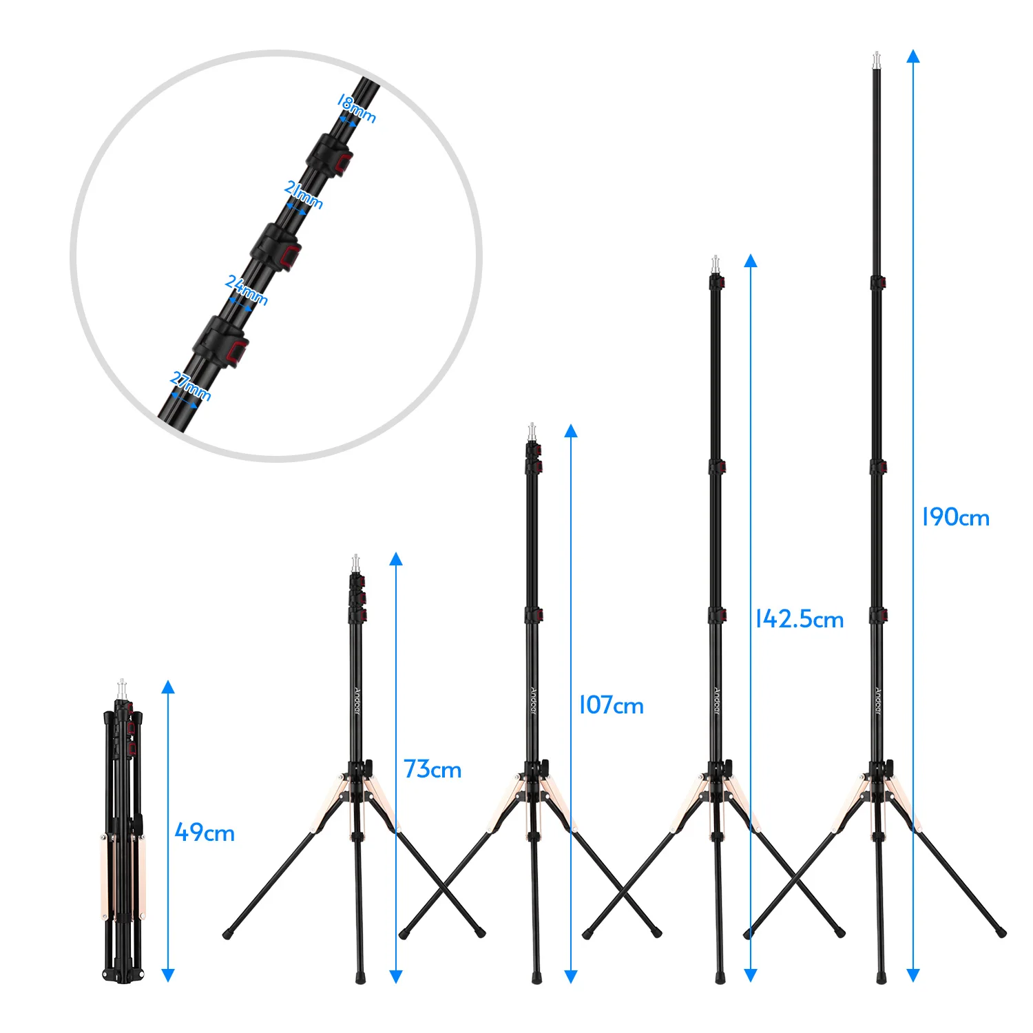 Andoer 190cm Photography Light Stand Reverse Folding Leg Stand 3Section Flip Locks Design for Ring Light Softbox Flash Reflector