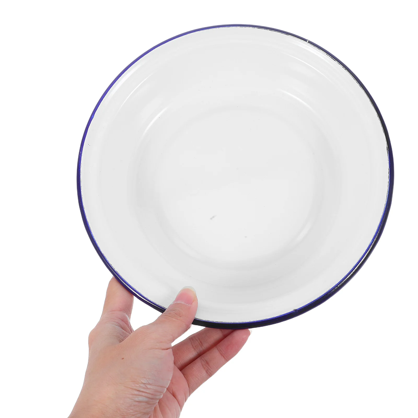 

Large Enamel Bowl White Blue Rim Thickened Design Vintage Style Family Gathering Camping Dishes Tableware Fruit Platter Dessert