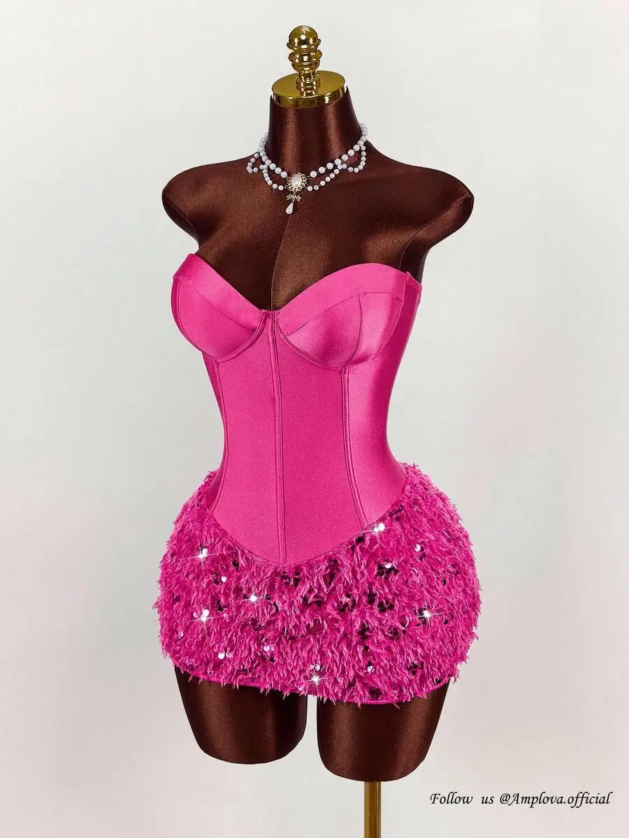 

Women's Fuchsia Satin Corset Top with Feathered Sequin Mini Skirt