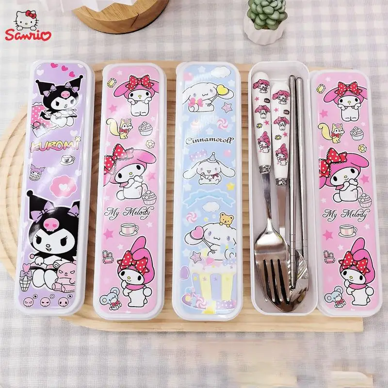 

Anime Sanrio Kuromi Tableware Kawaii Cinnamoroll My Melody Spoon Fork 2/3-piece Cutlery Box Student Children Special Gifts