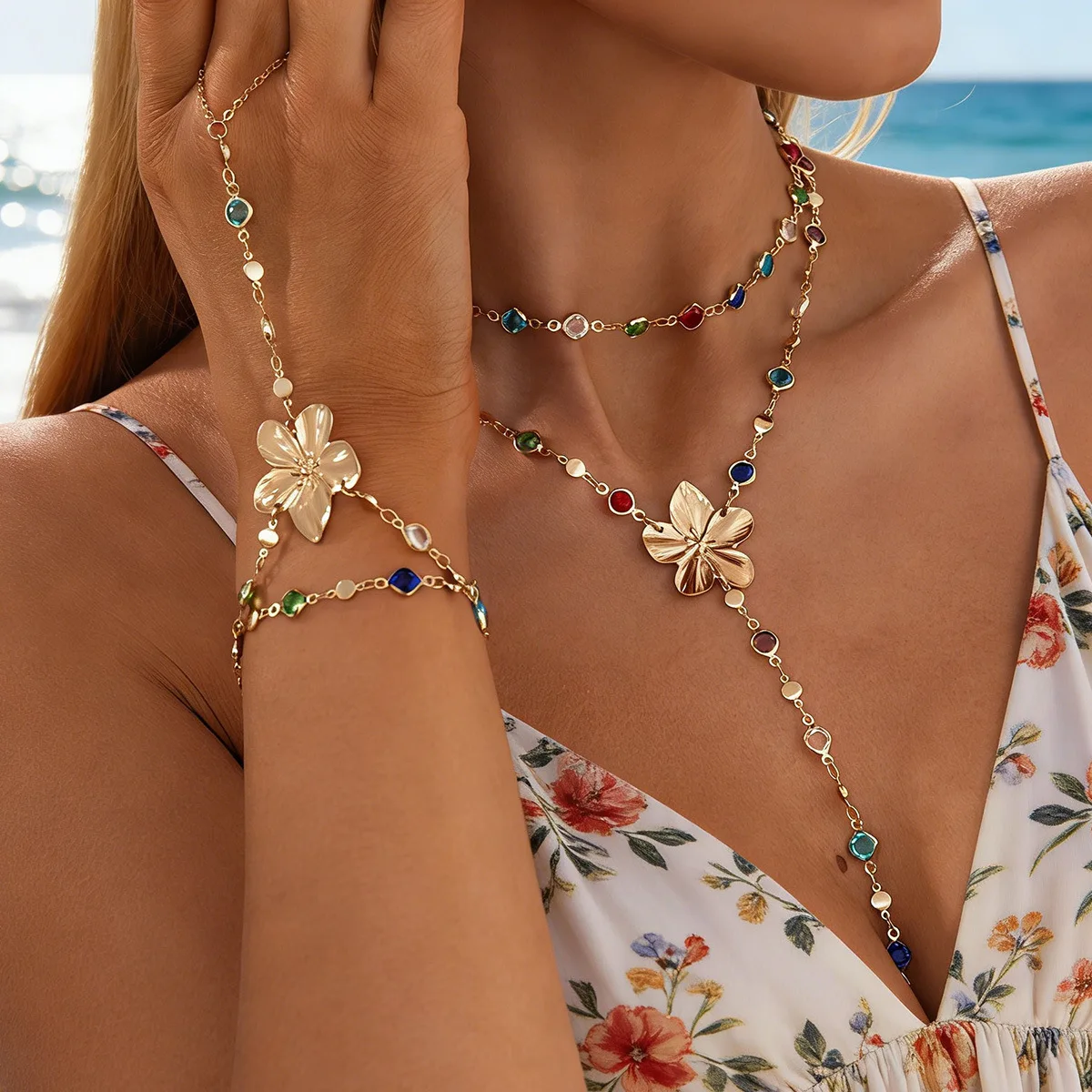 High Quality Colorful Crystal Y Necklace Small Floral Pendant Beach Vacation Boho Style for Women Everyday Elegant