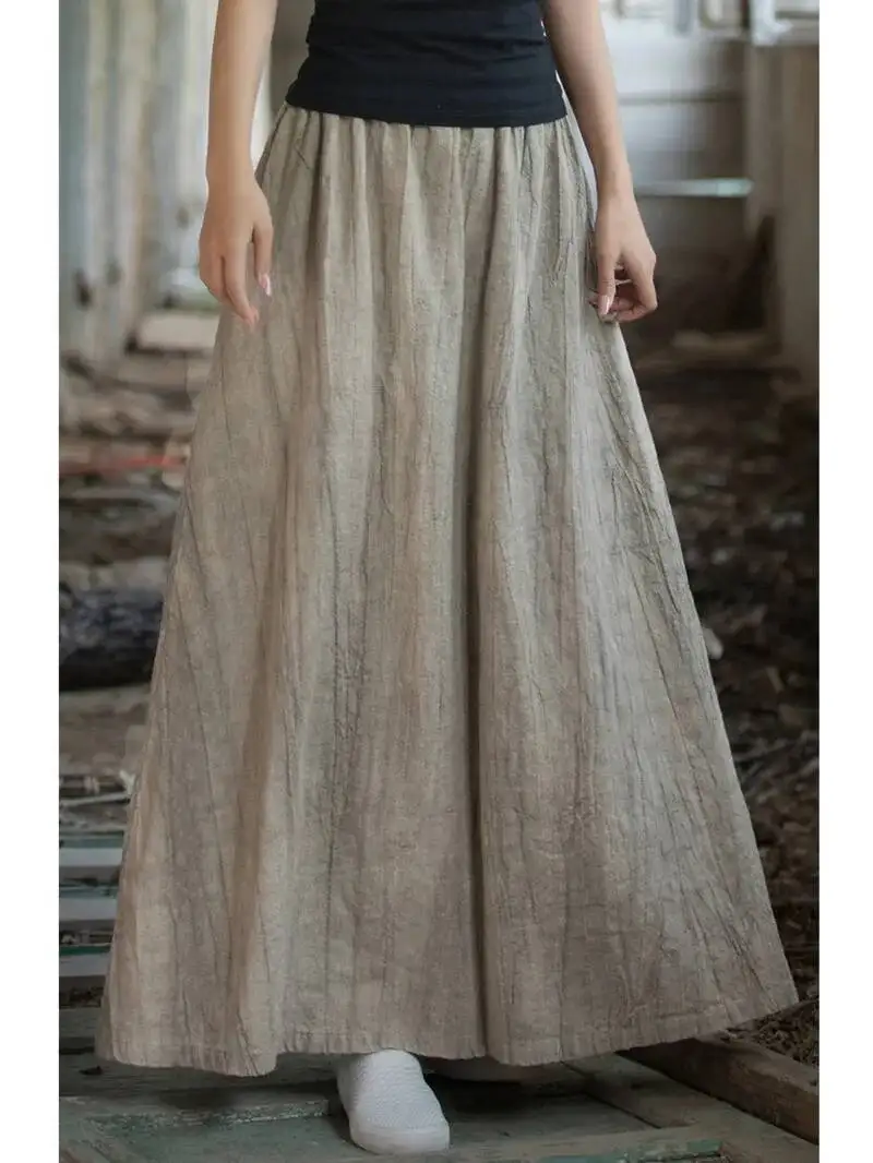 

Women Ramie Tie-dye Skirts Elastic Waist Pockets Vintage Autumn Clothes 2054 New Women A-Line Skirts Casual Korean OT1C