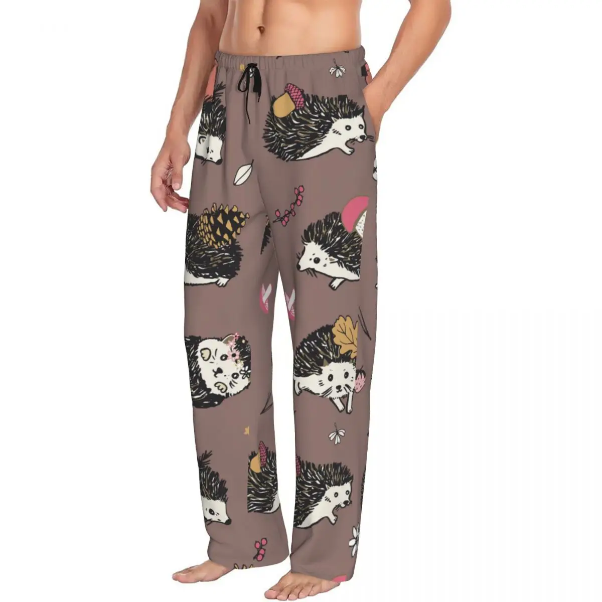 Custom Printed Men's Pajama Pants Hedgehog Forest Animals Pattern Sleepwear Sleep Lounge Bottoms with Pockets