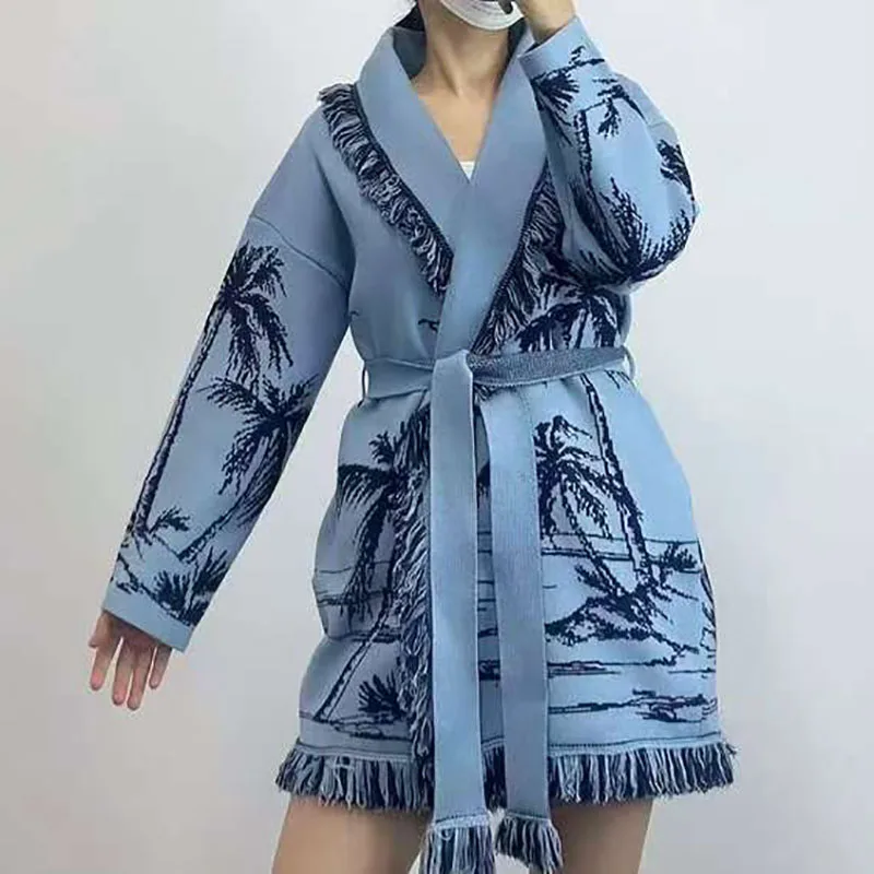 

A thick fringed jacquard mid-length cardigan for women, loose and retro lapel sweater coat for autumn and winter 2025