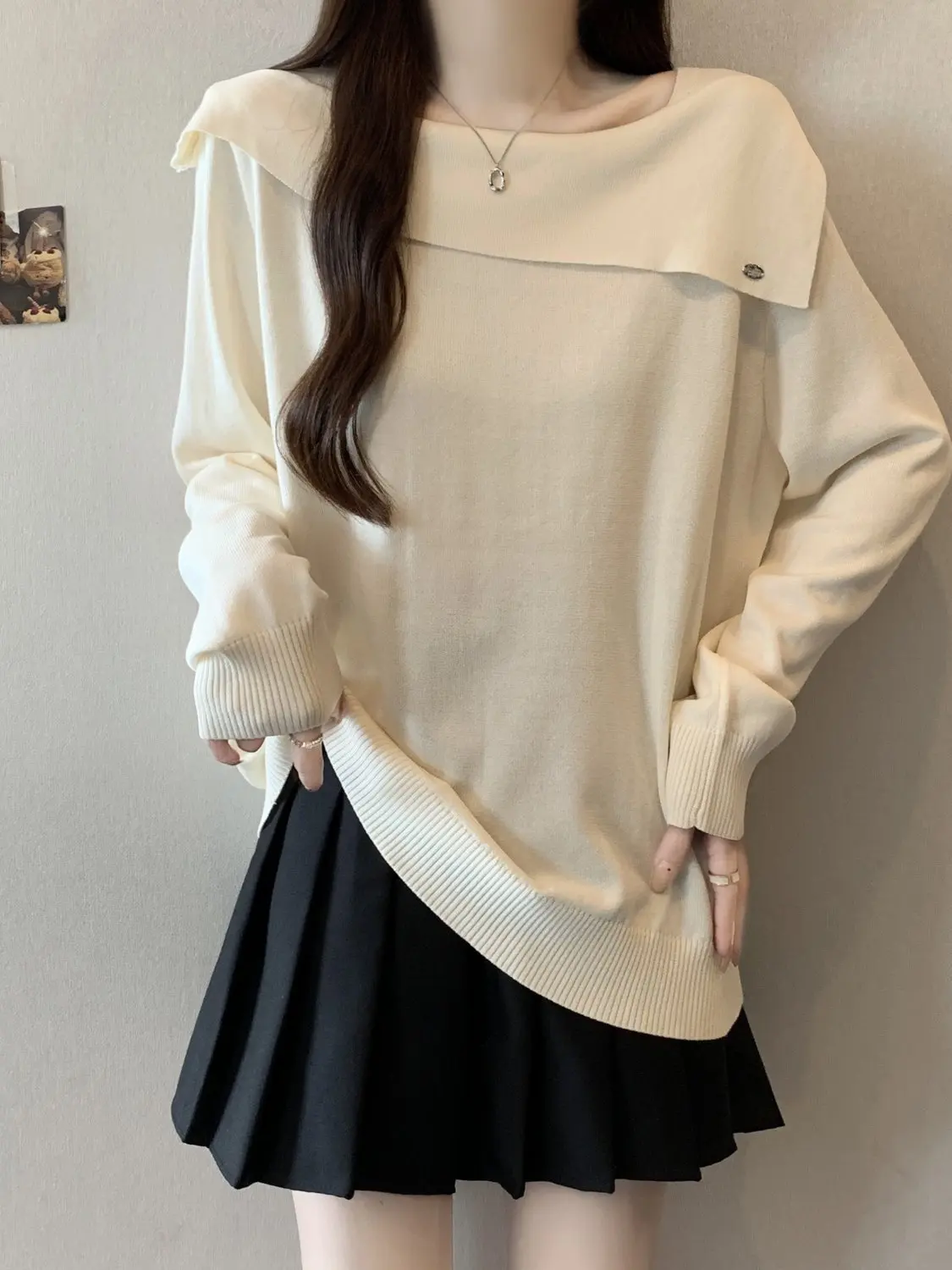 سترة نسائية محبوكة بمقاس كبير فضفاضة وياقة مربعة للتخسيس طويلة Sve للخريف والشتاء أنيقة كورية مريحة...