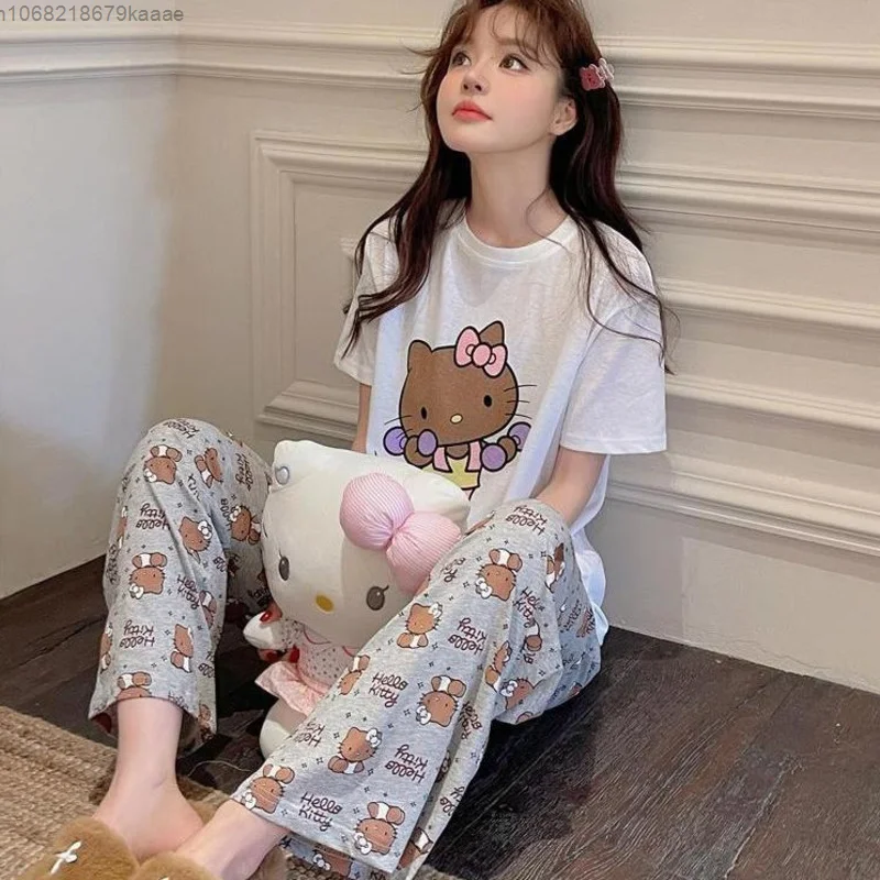 Sanrio Hello Kitty Cute Home Clothes Summer Short Sleeve T-shirts Pants 2 Piece Set Women Pajamas Suit Y2k Kawaii Tops Trousers