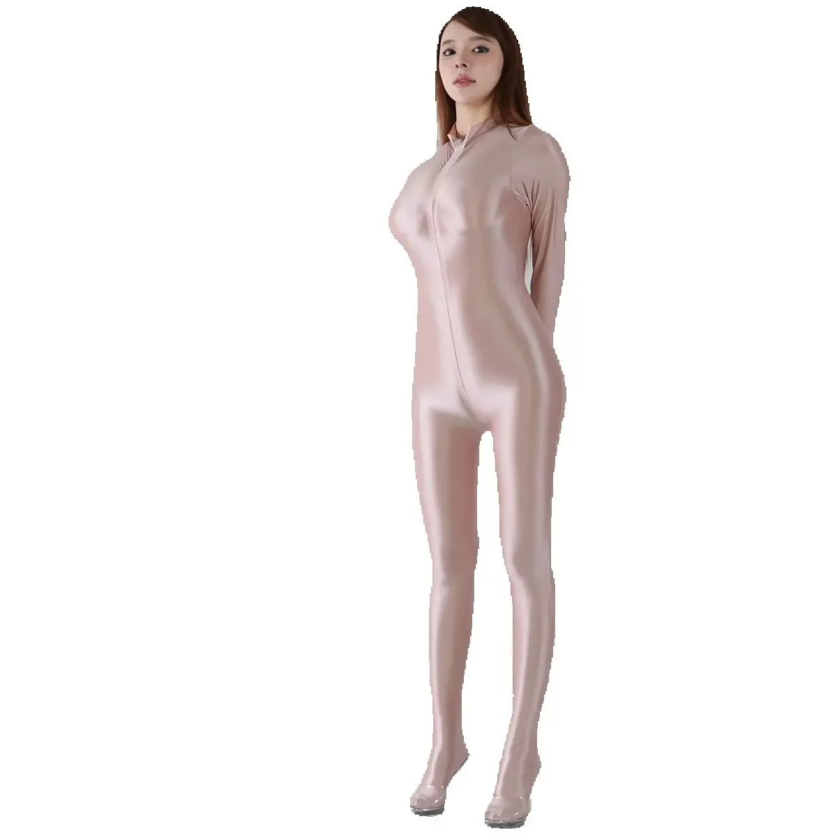 DROZENO Oil shiny elastic glossy jumpsuit with ultra long invisible zipper jumpsuit and bag body swimsuit