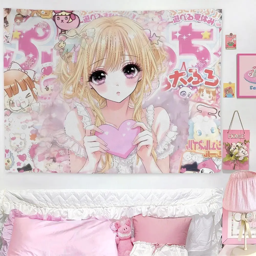 VIKAMA Kawaii Pink Anime Girl Tapestry Blonde Hair with Heart Print Wall Hanging for Y2K Aesthetic Bedroom Decor