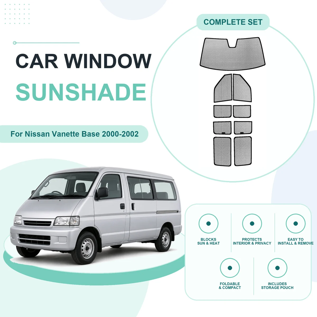 For Nissan Vanette Base 2000-2002 Custom Full Set Window Sunshades Aluminum Foil Suction Cup Anti UV Privacy