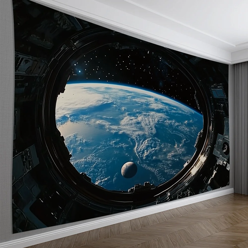 2D Flat,Space Station Window View Earth Moon Stars Galaxy Sci Fi Tapestry Futuristic Wall Art Bedroom Decor Cosmic Exploration