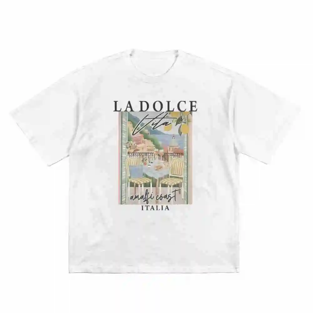 La Dolce Vita Coastal Landscape Painting Italy Short Sleeve Tee 100% Cotton T-Shirt