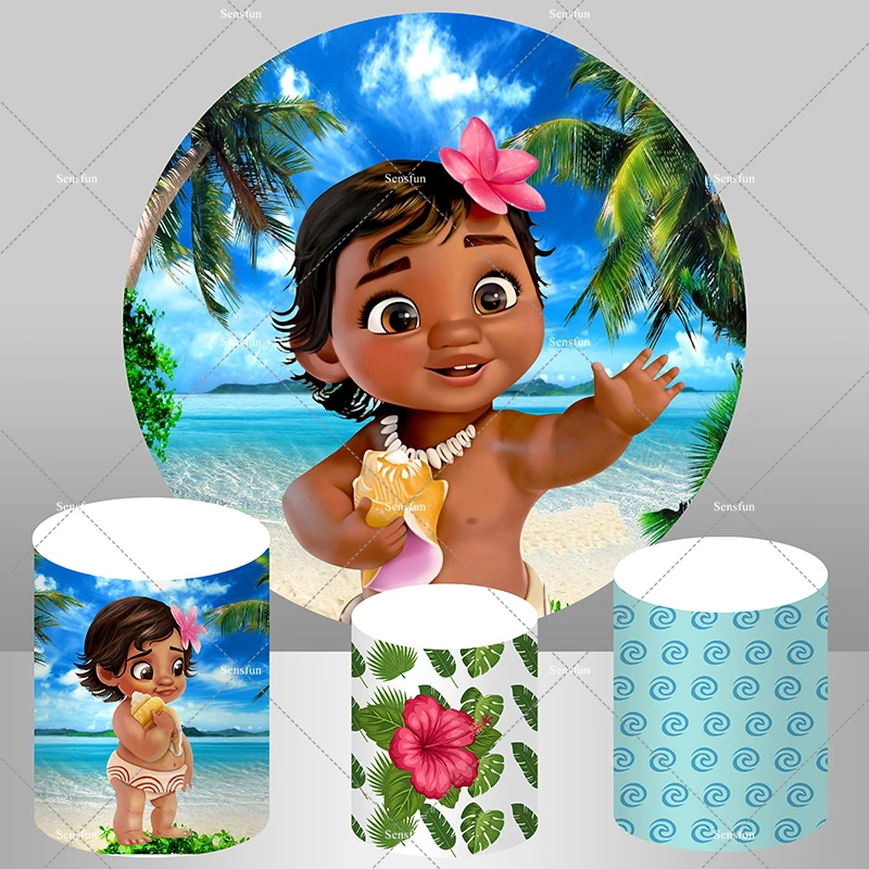 Baby Moana Circle Round Backdrop Cover For Baby Shower Girls 1st Birthday Party Background Cylinder Covers Ocean Summer Banner