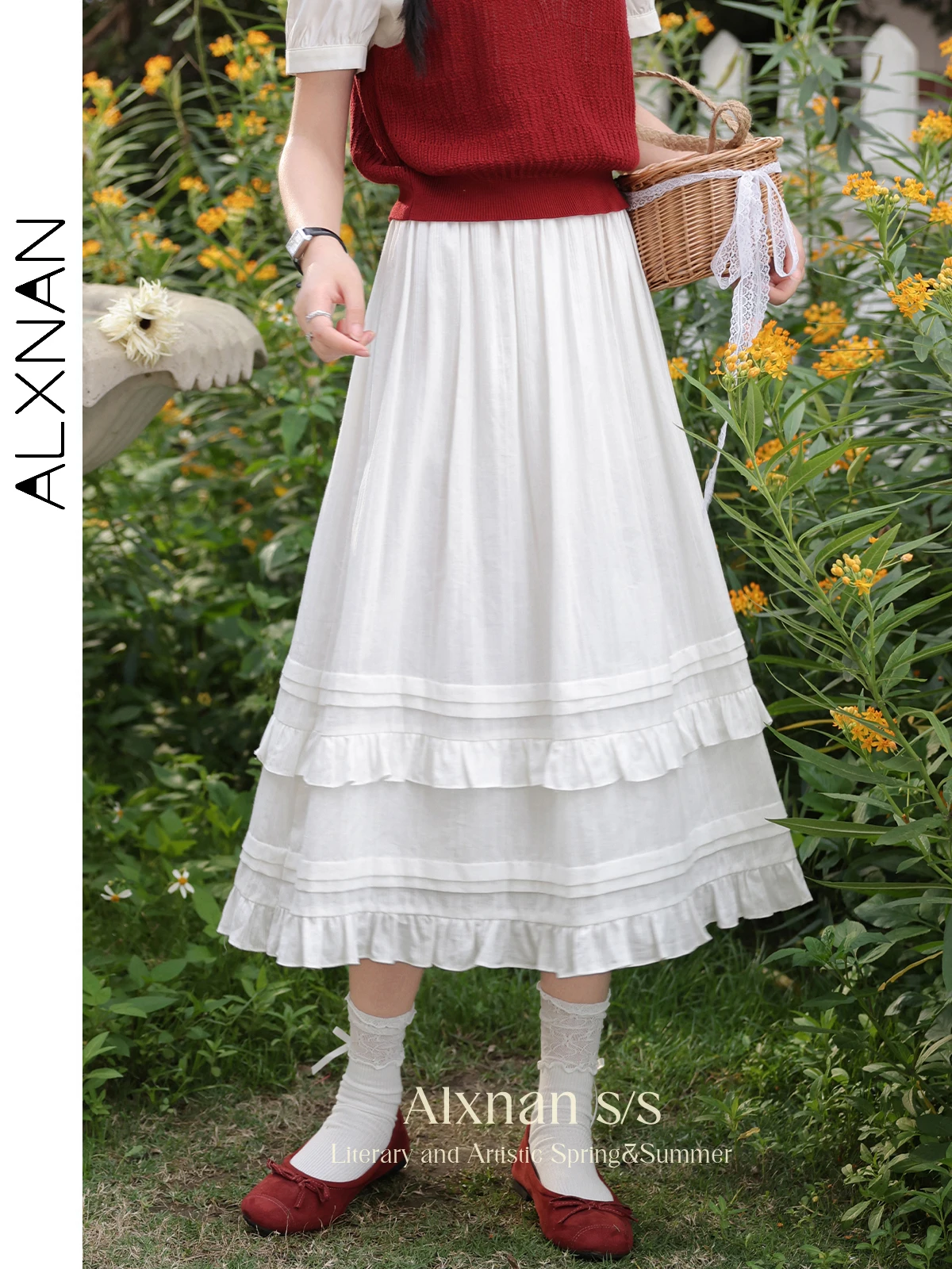 ALXNAN A-line Ruffled Skirts for Women 2024 Summer New Women's White Midi Gentle Fashion Versatile Solid Trend Skirt Lady L33957