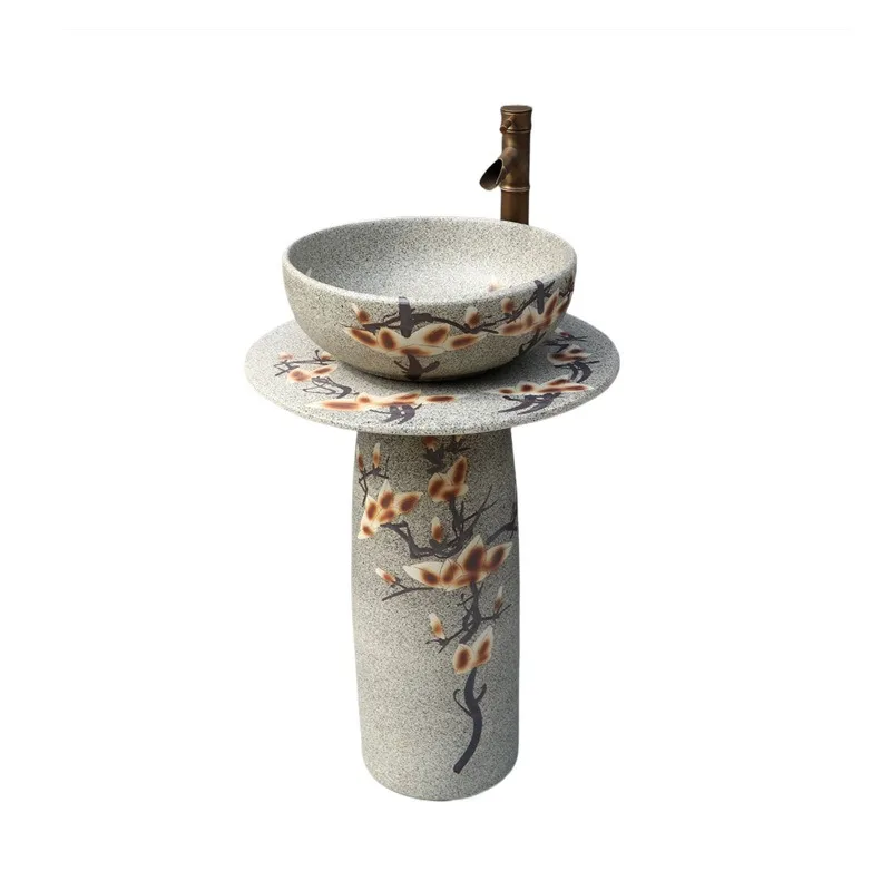 Jingdezhen ceramic pillar washbasin, garden art floor washbasin, small bathroom three-piece washbasin