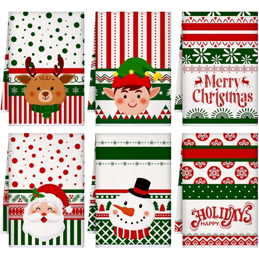 

6 шт. рождественские кухонные полотенца Санта-Клаус Рождественские полотенца для рук Зимние каникулы Мягкие красные, зеленые, белые чайные салфетки для кухни отеля