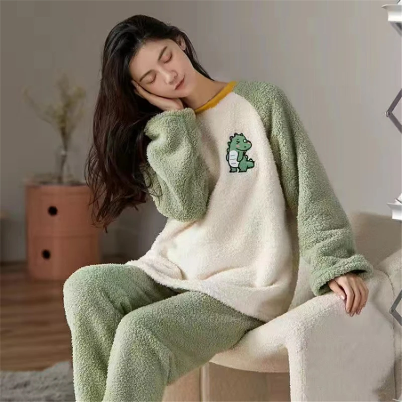 2pcs/Set Women\'s Pajamas Coral Velvet Autumn And Winter Thickened Padded Warm Women\'s Home Clothing Student Pajamas Young Girls