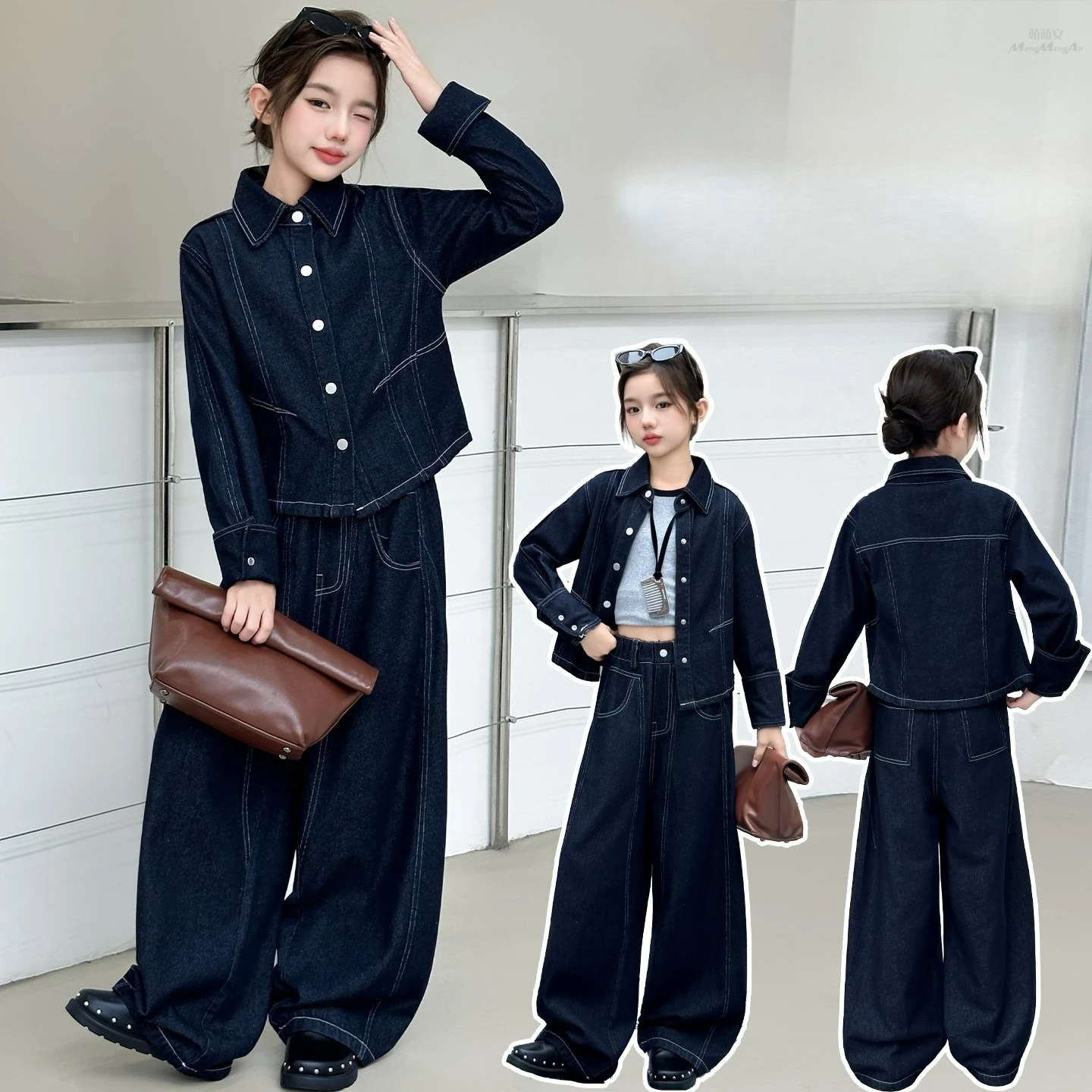 

autumn 4-14 teen girls Cowboy clothes Set 2025 Childrens Clothing denim jacket+Wide Leg jeans 2pcs junior kid Pants outfits suit