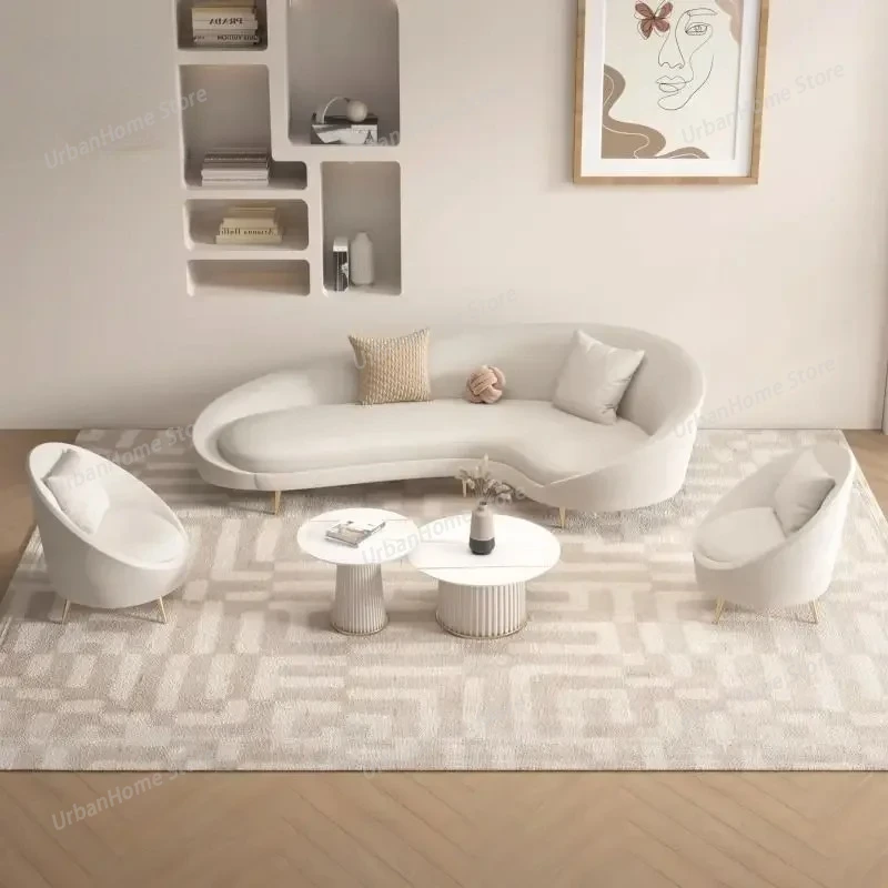 Curved Sofa, Light Gray Color, Fabric Sofa, Modern Minimalist Design, Irregular-shaped Double-person and Triple-person Sofa