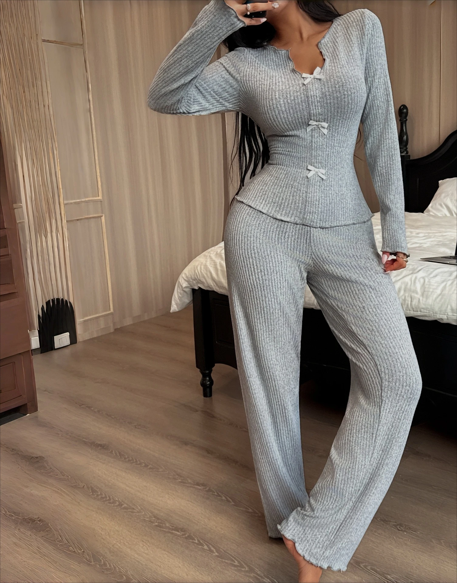 Autumn and Winter Women's V-neck Knitted Sweater Bow Long Sleeve Long Pants Pajama Home Clothes Set 2026