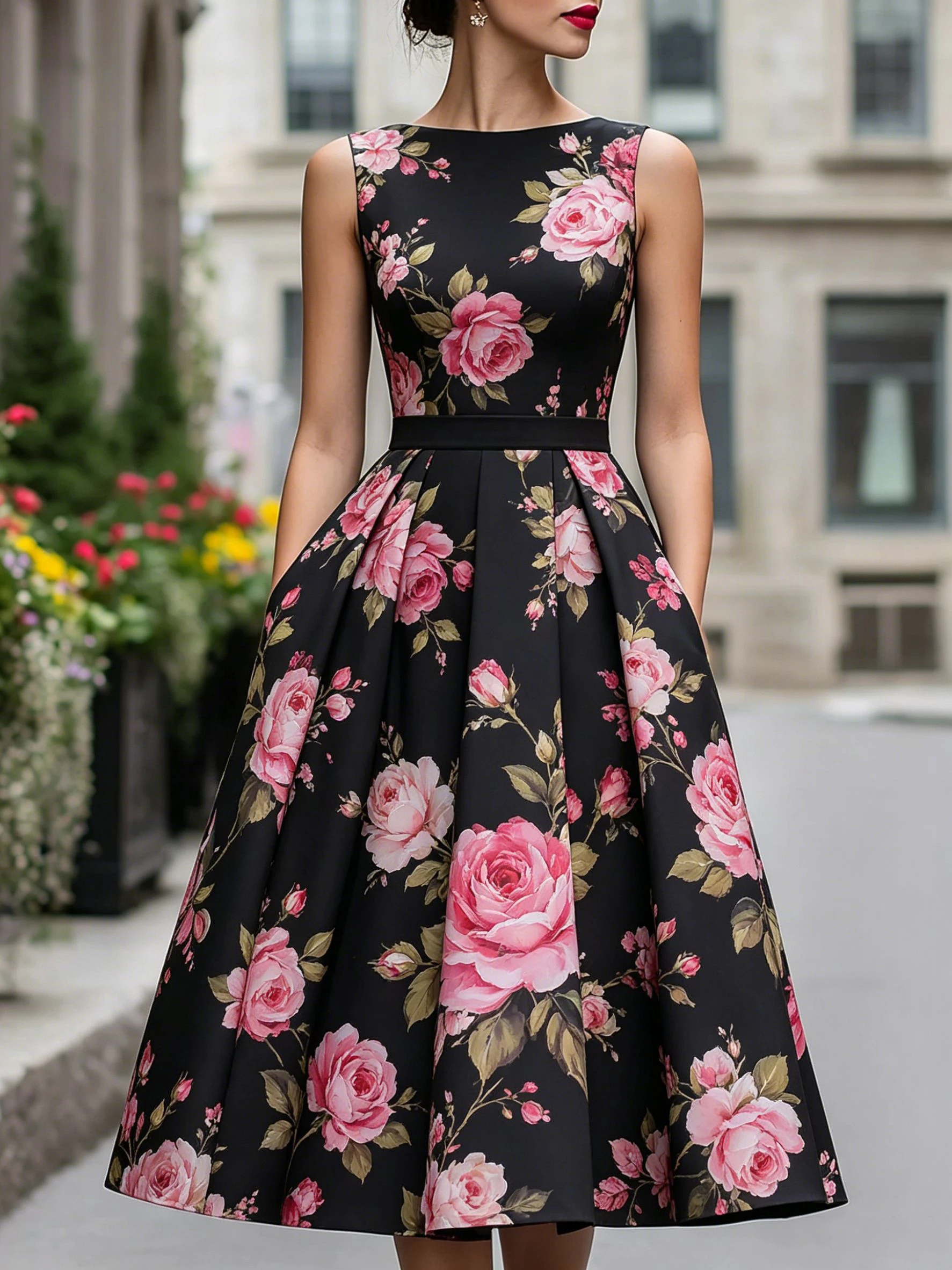 

Women's Vintage Black Floral Print Dress with Romantic Pink Roses, Sleeveless A-Line Midi Dress for Formal & Casual Occasions