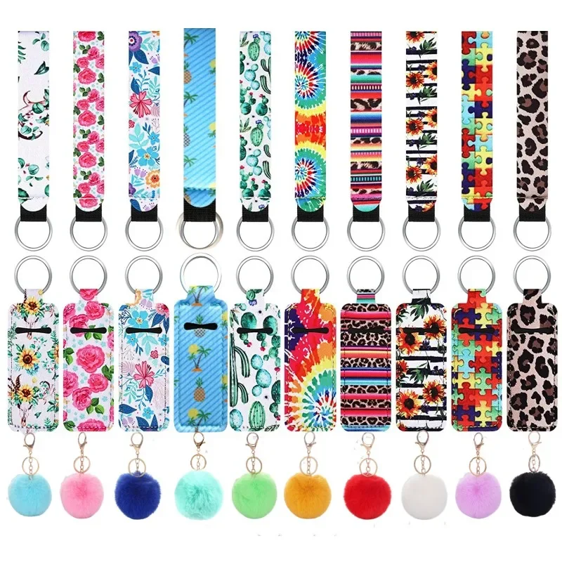 30pcs Chapstick Holder Keychain, Pure Color Lip Balm Holder ,Keychains Chapstick Pouch with Fluffy Ball ,Key Chains for Girls