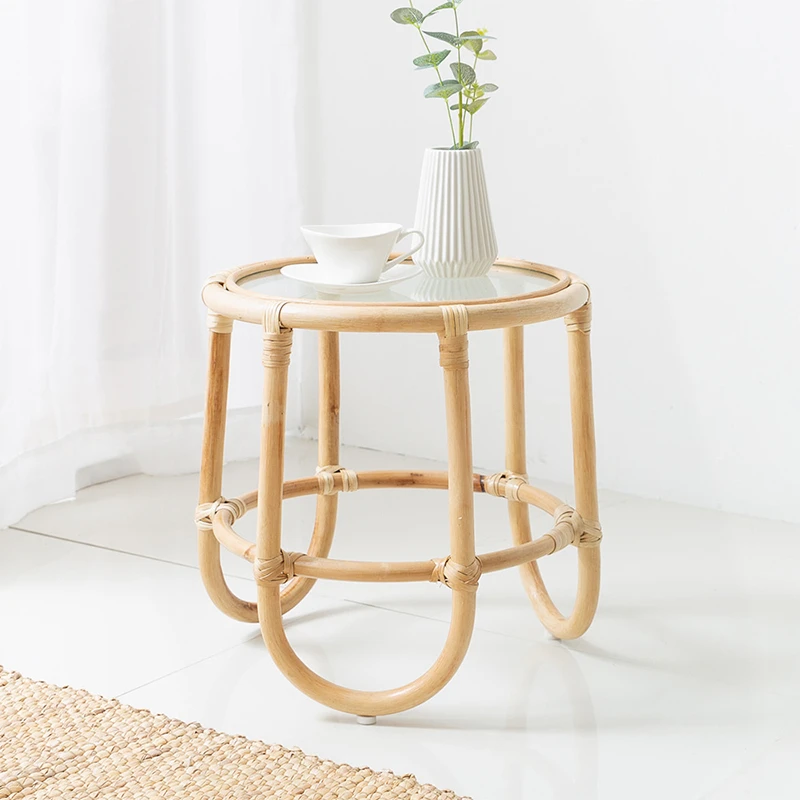 Vine-woven small coffee table handmade rattan woven rattan wood glass side a few small living rooms sofa bedroom.