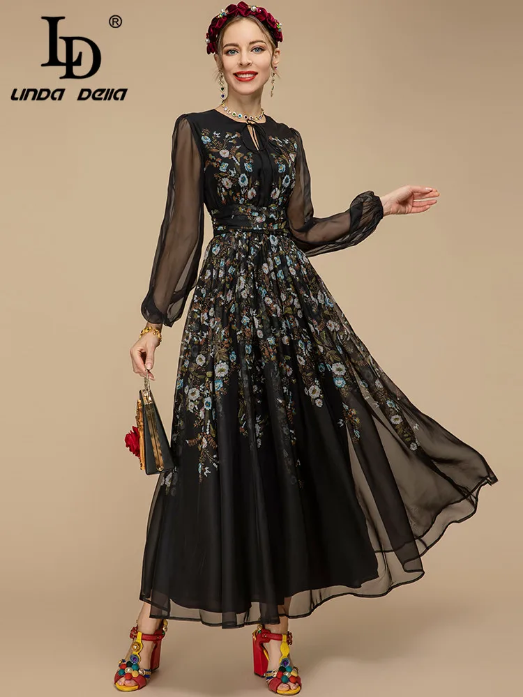 LD LINDA DELLA Fashion Designer Spring Dress Women\'s Long sleeve Flower print Holiday Black Vintage Party Midi Dress