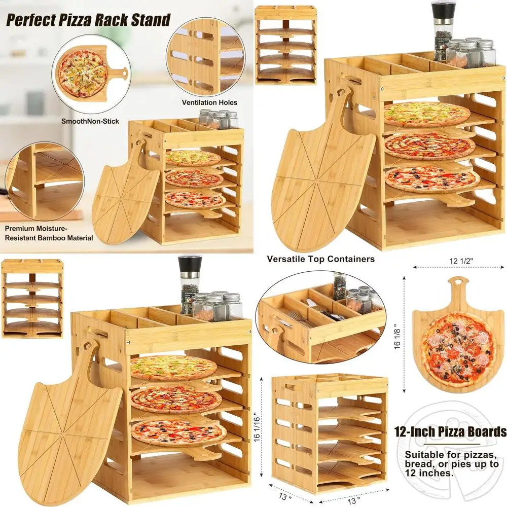 

Wooden Pizza Peel Rack Set, 4 x 12 Peels with Storage, Divider & Cutting Grooves for Family Pizza Parties