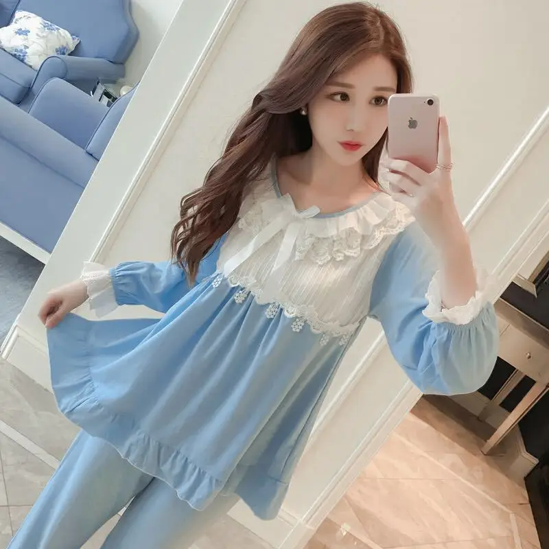 Ensemble de pyjama en dentelle à manches longues pour femmes, vêtements de nuit kawaii, vêtements de détente coréens, vêtements d'intérieur chics, vêtements de nuit coréens