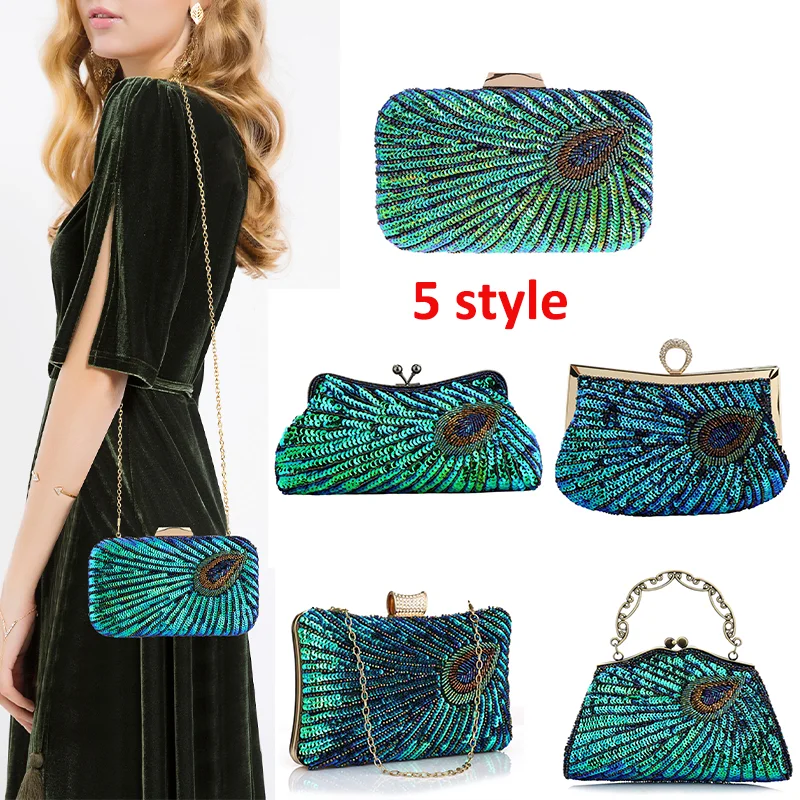 

2025 Fashion Clutch Bag Sequins Beading Peacock Evening Bag For Women Beaded Sequins Peacock Green Dinner Bag Ladies Handbag
