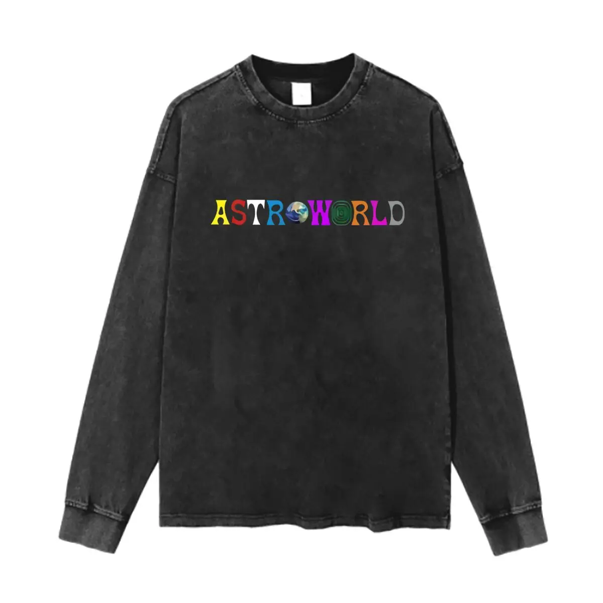 

Astro World Colorful Logo Graphic Washed Vintage Long Sleeves Cotton Tee Shirt Solid O Collared For Men's And Women's