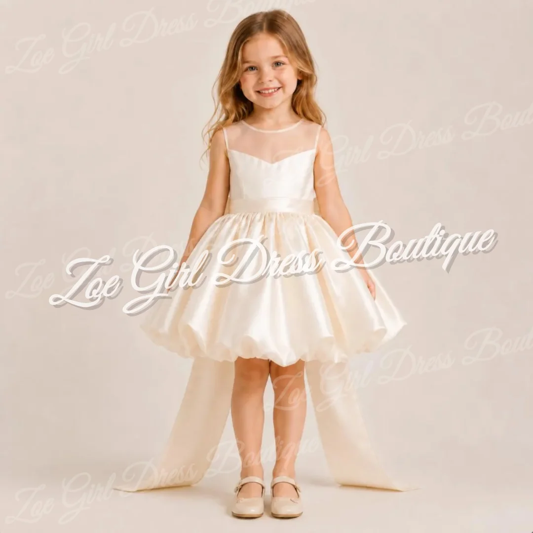 Ivory Simple Satin Strap Sheer Neck Bow Trailing for Kids Wedding Flower Girls Dresses Girl Birthday Party Short Gown Customized