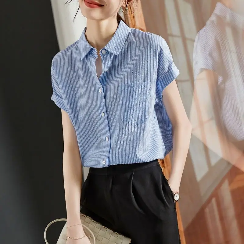 2023 Spring Summer Short Sleeve Polo-neck Single-breasted Solid Color Striped Pockets Fashion Office Lady Casual Women\'s Shirt