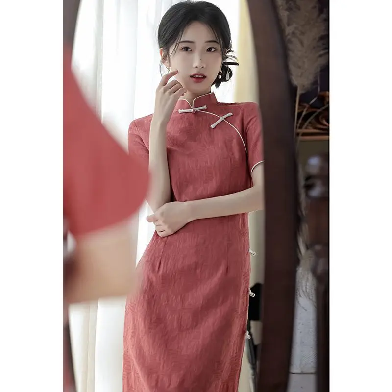 

Летнее элегантное красное платье Cheongsam, модное длинное платье в стиле ретро, повседневные костюмы для вечеринок Qipao от S до 2XL