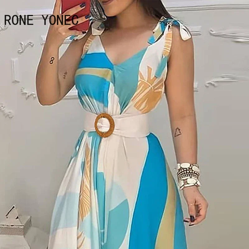 Women Elegant Dress Tropical Print V Neck Tie Up Maxi Dress With Belt Casual Summer Dress
