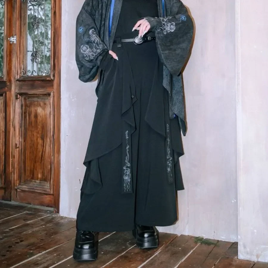 Vintage Layered Chinese Style Two-Piece Illusion Wide-Leg Skort Loose-Fit Trousers Casual Pants For Women Fashion 2025