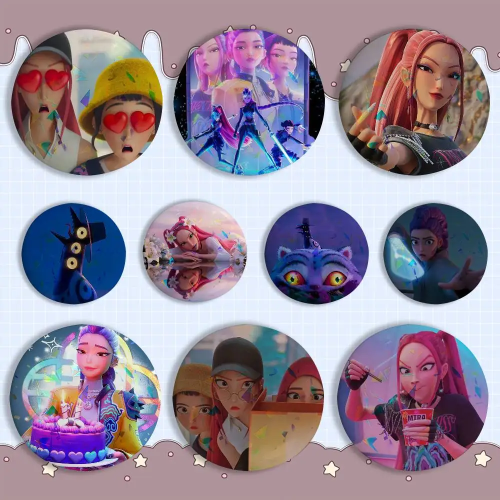 

R-Rumi j-Jinu Demon HuntersS Reflective Pin Tinplate Round Brooch Cartoon Cosplay Badges for Bag Hat Toys Gifts