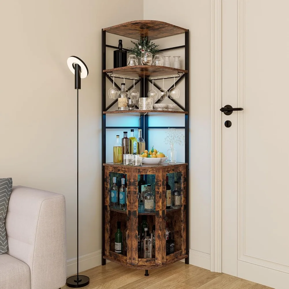 Wine Bar Cabinet with Power Outlet, 6-Tiers Industrial Wine Cabinet with LED Light and Glass Holder, Corner Wine Cabinet