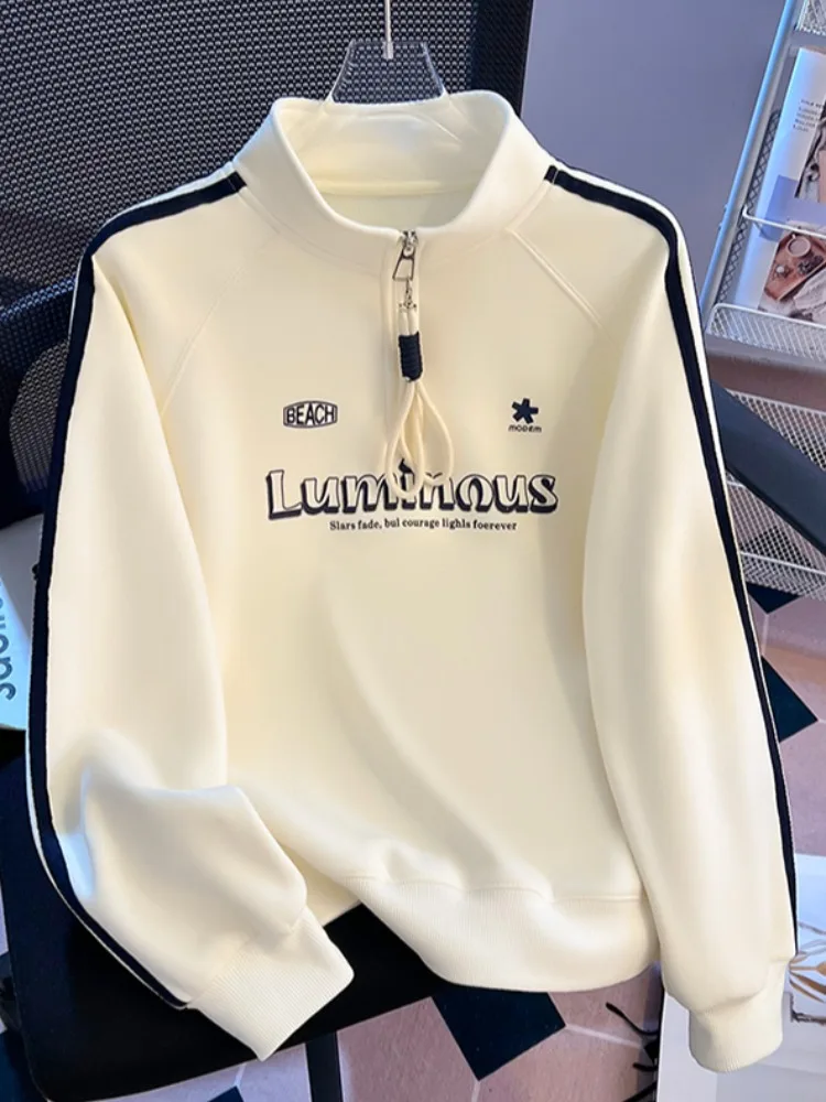 

Утепленная флисовая толстовка без капюшона на молнии с воротником-стойкой для женщин, оригинальный дизайн, свободный крой, осенне-зимняя куртка