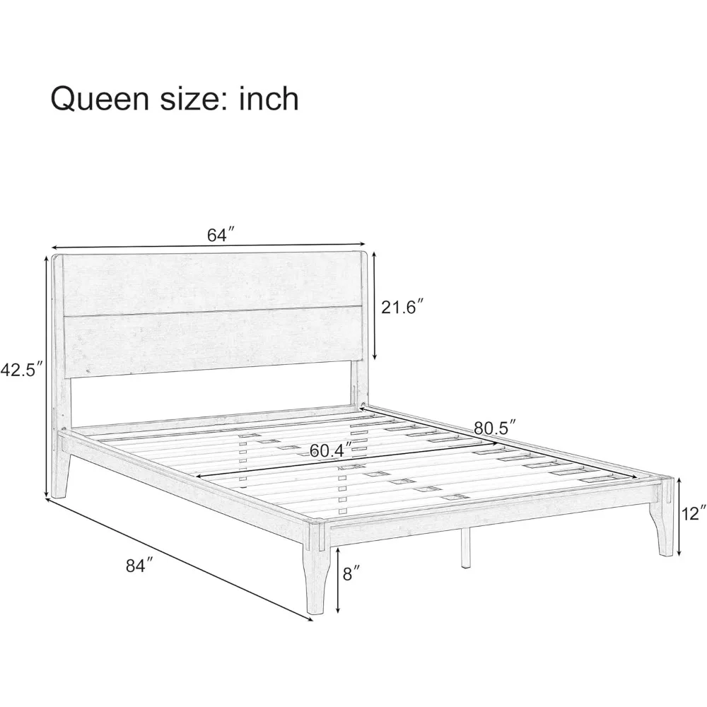 هيكل سرير بمنصة حديثة من Merax Queen Bamboo في منتصف القرن مع لوح رأسي طويل، وقاعدة سرير صلبة مستدامة