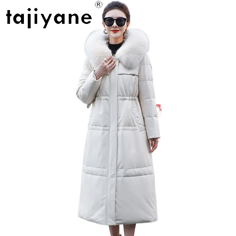 TAJIYANE 100% جلد الغنم أوزة أسفل معطف مقنع طويل الجلد الحقيقي سترة منفوخة النساء مع الثعلب الفراء طوق ملابس الشتاء 2025